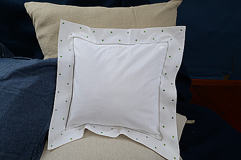 Hemstitch Square Baby Pillow 12x12" Hot Green color Polka Dots - Click Image to Close